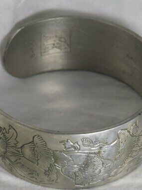 Vintage Kirk Pewter Floral Engraved Cuff Bracelet Botanical Artisan Metalwork